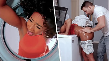 Massaging my Girlfriend's Dark-hued sMom Stuck in the Washing Machine - MILFED